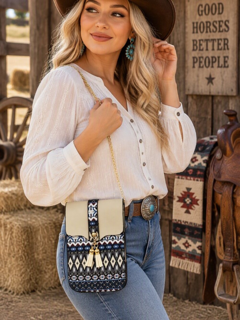 Beige Multi-Color Boho Pattern Snap Closure Crossbody Shoulder Bag